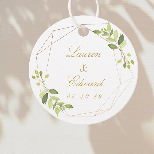 Moderne geometrische groen aangepaste bruiloft ron bedankjes labels