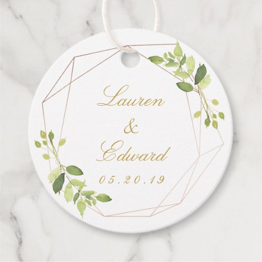 Moderne geometrische groen aangepaste bruiloft ron bedankjes labels (Voorkant)