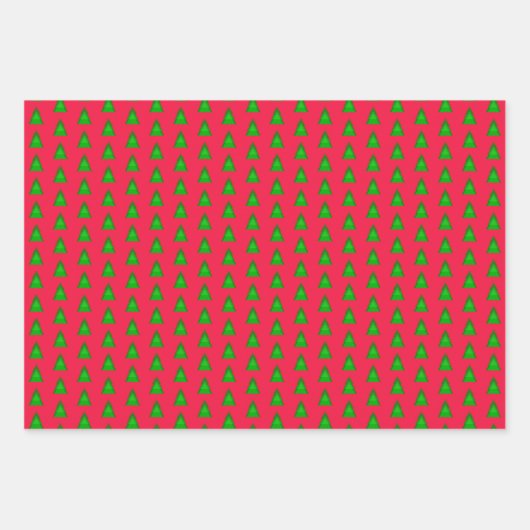 Moderne geometrische kerstbomen op groen op rood inpakpapier vel (Voorkant)