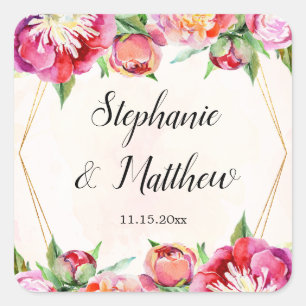 Moderne geometrische koraal pioen bloemenbruiloft vierkante sticker