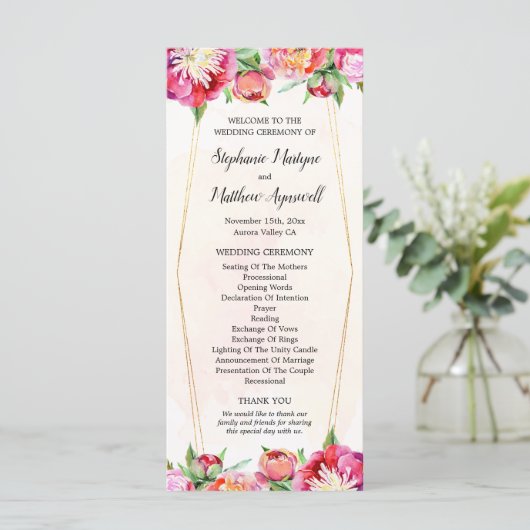 Moderne geometrische koraal rode pioen bruiloft ce programma (Staand voorkant)
