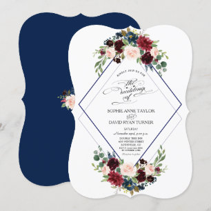 Moderne Geometrische marine Burgundy Floral Weddin Kaart