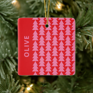 Moderne geometrische roze rode kerstboom grafisch keramisch ornament
