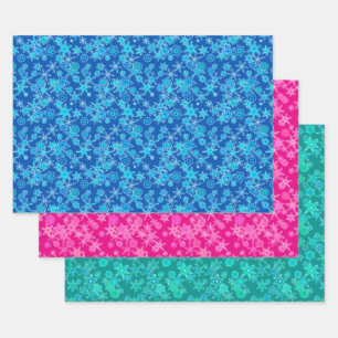 Moderne geometrische sneeuwvlokken, blauw, roze, T Inpakpapier Vel