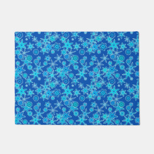 Moderne geometrische sneeuwvlokken, saffierblauw deurmat