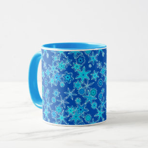 Moderne geometrische sneeuwvlokken, saffierblauw mok