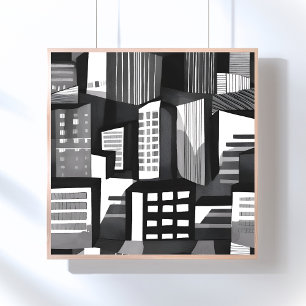 Moderne Geometrische Stad Zwart & Wit Hedendaags Poster