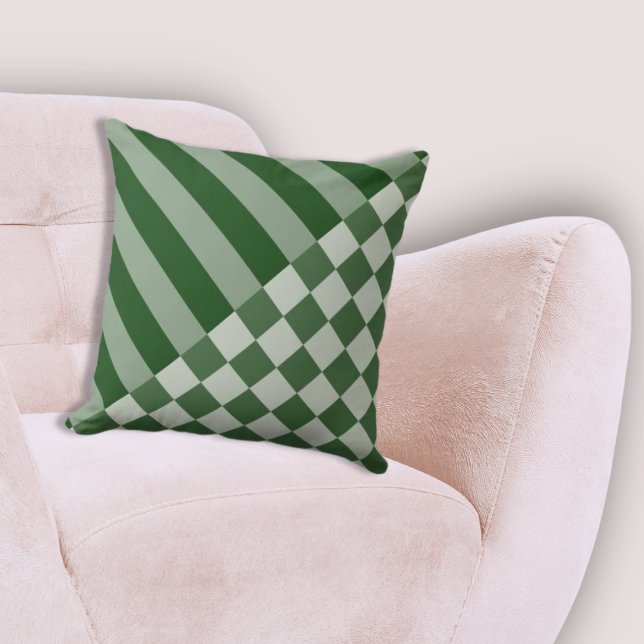 Moderne geometrische stripe & controleur Forest-Gr Kussen (Modern Geometric Stripe & Checker Forest-Green Throw Pillow)
