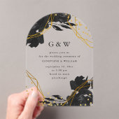 Moderne Geometrische Zwarte Bloemen Monogram Huwel Acryl Uitnodigingen (Insitu (Draagbaar))