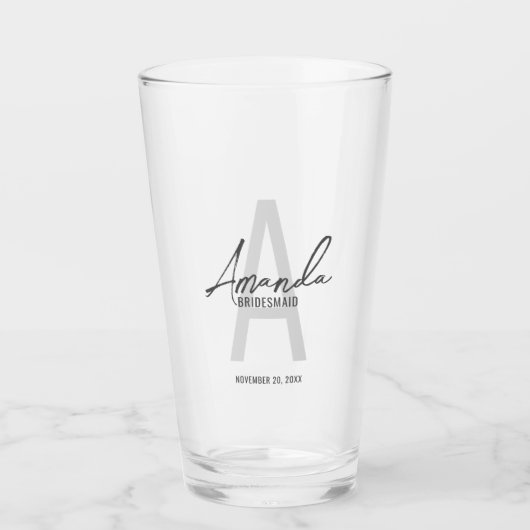Moderne gepersonaliseerde bruidsmeisje monogram en glas (Voorkant)