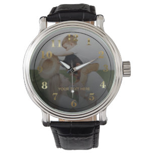 Moderne gepersonaliseerde foto en aangepaste tekst horloge