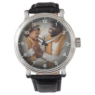 Moderne gepersonaliseerde foto en aangepaste tekst horloge