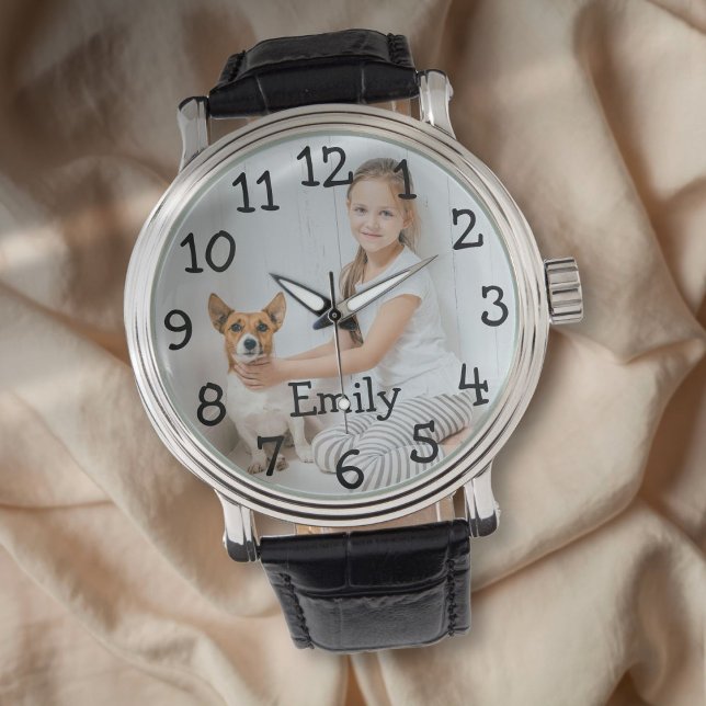 Moderne Gepersonaliseerde Fotonaam Horloge (Modern Personalized Photo Name Watch)