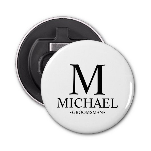 Moderne Gepersonaliseerde Groomsman Naam en Monogr Button Flesopener (Voorkant)