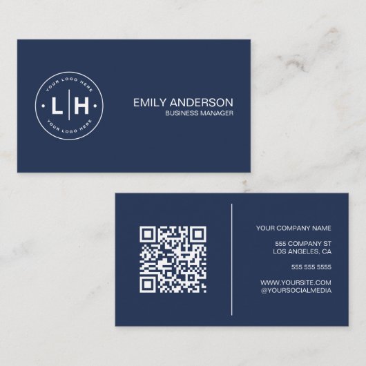 Moderne gepersonaliseerde Logo QR Navy Blue Visitekaartje (Voorkant / Achterkant)