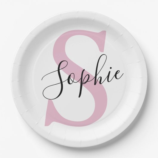 Moderne gepersonaliseerde naam Monogram roze Papieren Bordje (Voorkant)
