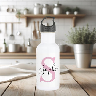 Moderne gepersonaliseerde naam Monogram roze Waterfles