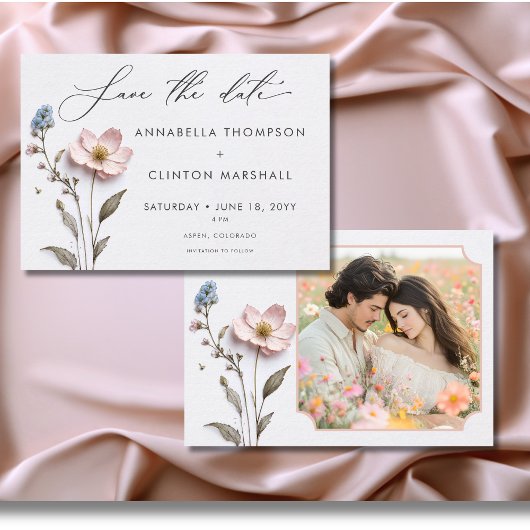 Moderne geperste pastel Wildflowers trouwfoto Save The Date
