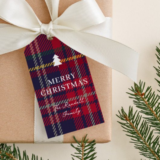 Moderne geruite kerstboom cadeaulabel