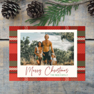 Moderne geruite rode aangepaste familie foto kerst feestdagenkaart