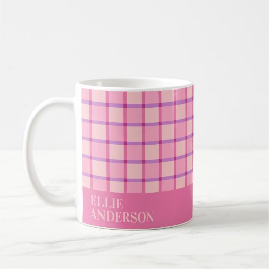 Moderne geruite roze paarse gepersonaliseerde koffiemok (Links)