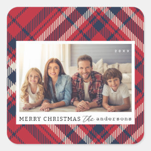 Moderne geruite vrolijke kerst aangepaste familie vierkante sticker