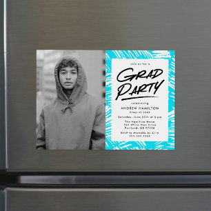 Moderne gestreepte turquoise foto afstudeerfeest magnetische uitnodiging