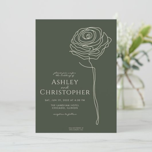 Moderne getekende bloemendonkere mos groene bruilo kaart (Staand voorkant)