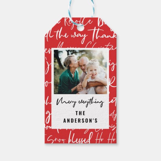 Moderne, gewaagde kerstfoto met grafische typograf cadeaulabel (Voorkant)