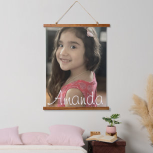 Moderne gezelfgemaakte familiefoto script naam hangend wandkleed