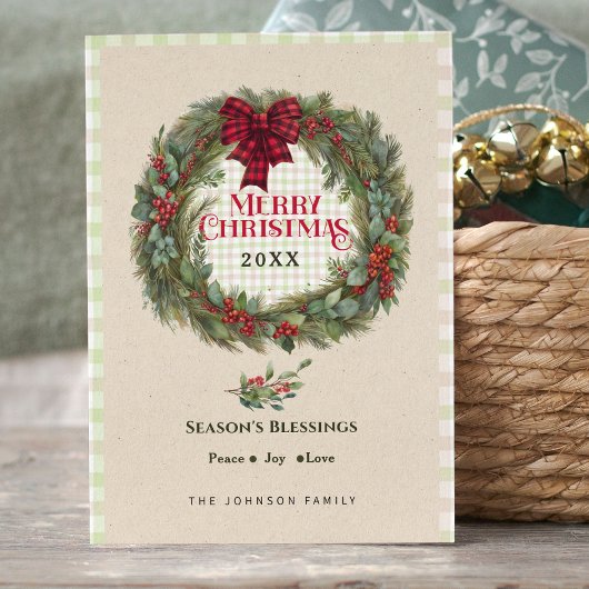 Moderne Gingham Check Boerderij Kerstkrans Feestdagenkaart