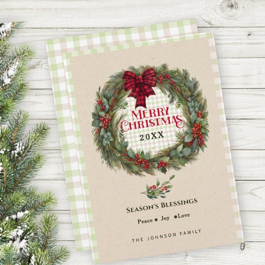 Moderne Gingham Check Boerderij Kerstkrans Feestdagenkaart