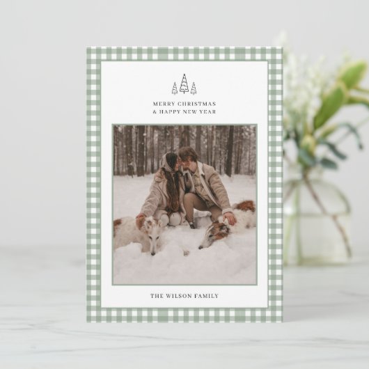Moderne Gingham Plaid Foto Kerstmis Feestdagenkaart (Staand voorkant)