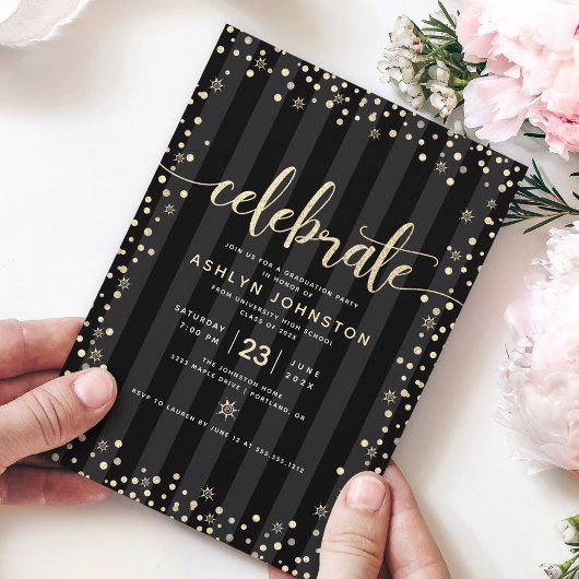 Moderne girale zwarte goudglitterscript afstuderen kaart