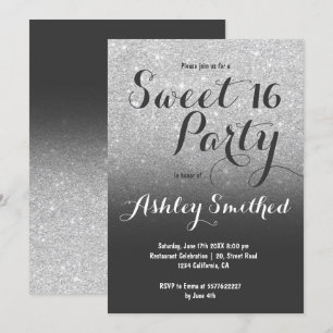 Moderne girly faux Silver Glitter ombre Sweet 16 Kaart