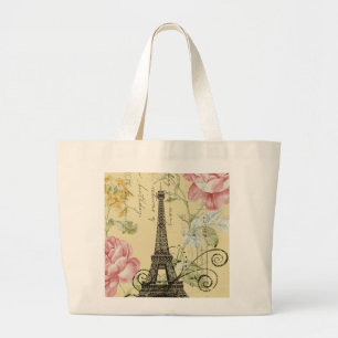 Moderne Girly Floral  Paris Eiffel Tower Grote Tote Bag