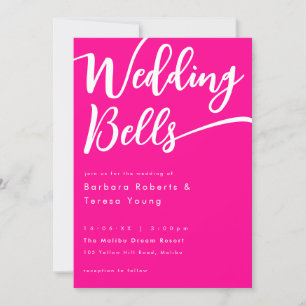 Moderne Girly Hot Pink Bells Kalligrafie Huwelijk Kaart