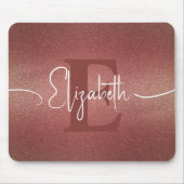 Moderne Girly Maroon Rode Glitter Monogram Naam Muismat (Voorkant)