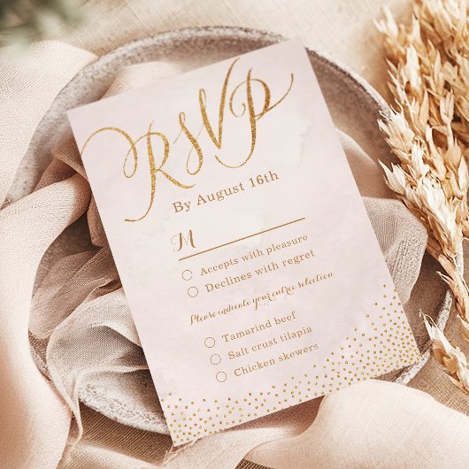 Moderne glam blush roos goudkalligrafie RSVP Kaartje
