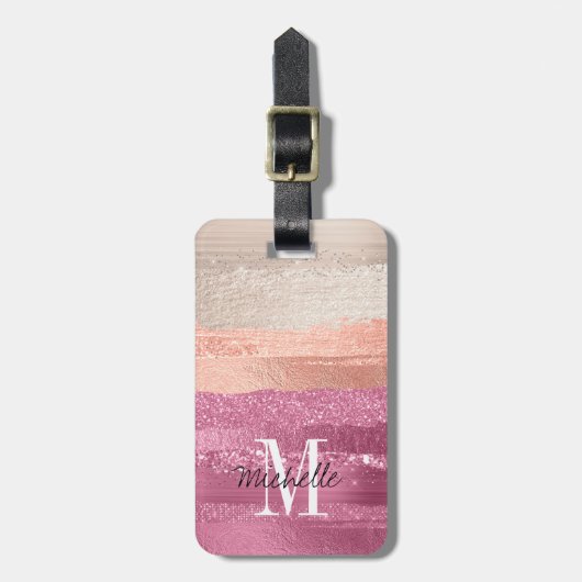 Moderne Glam Brush Glitter Blush Hot Pink Monogram Bagagelabel (Voorkant verticaal)