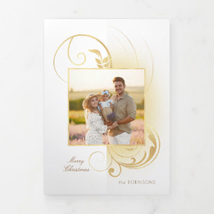 Moderne Glam Gold Leafy Flourishes/Foto Drieluik Kaart