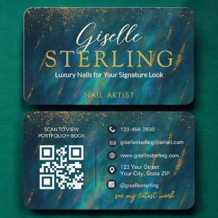 Moderne Glam Nail Artist Green Opal QR-code Visitekaartje