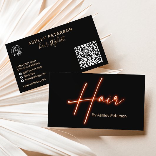 Moderne glam oranje neonhars logo qr code visitekaartje