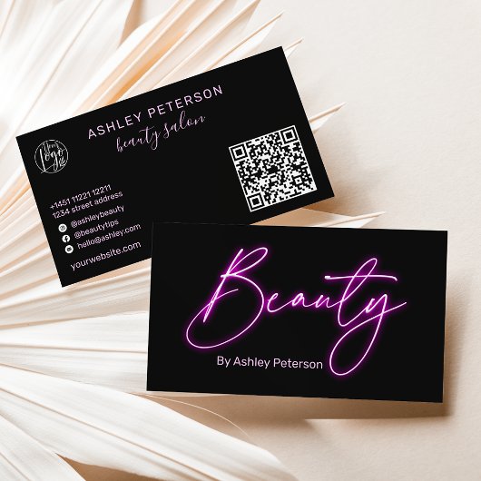 Moderne glam paarse neon schoonheidsscript logo qr visitekaartje