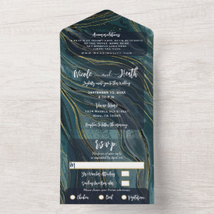 Moderne Glam Teal Blauw Groen Gouden Trouwfoto All In One Uitnodiging