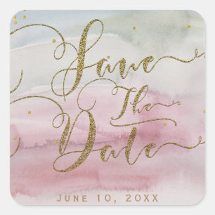 Moderne Glam Waterverf Goud Trouwdatum Besparen Tr Vierkante Sticker