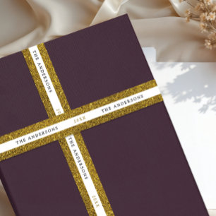 Moderne Glanzende Gouden Witte Glitter Naam Typo Lint