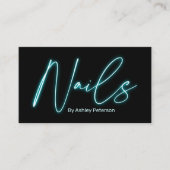 Moderne glazen blauwe neonnagels script logo qr co visitekaartje (Voorkant)