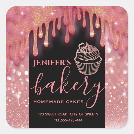 Moderne glinsterende druppels cupcake bakkerij lab vierkante sticker (Voorkant)