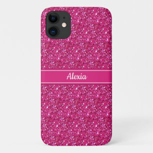 Moderne glinsterende roze met riem en naamtekst iPhone 11 hoesje